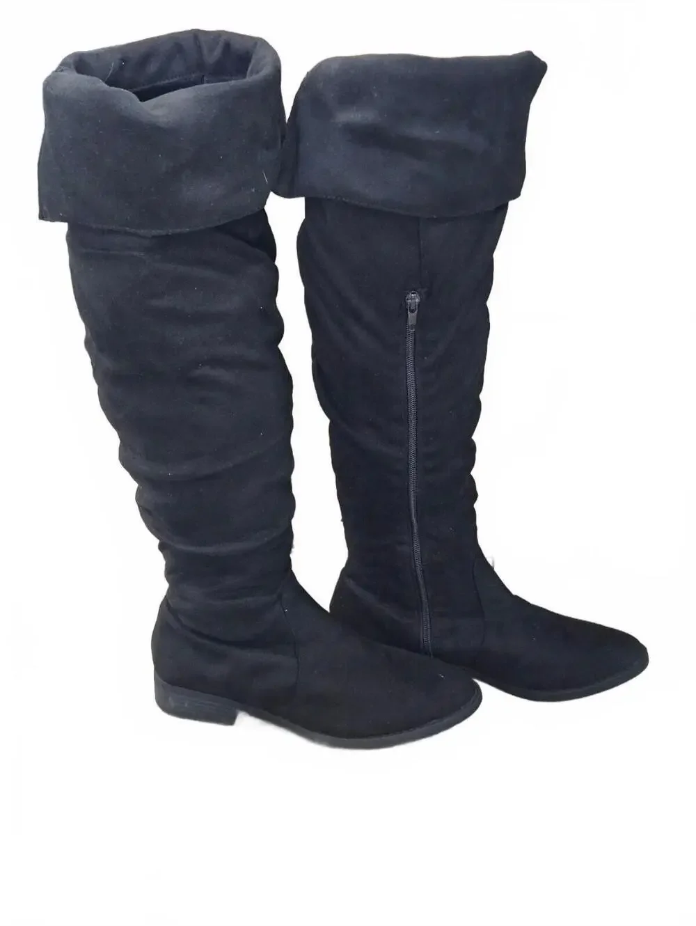 Bella Marie Black Over-the-Knee Fold-Over Flat Boots with Side Zipper